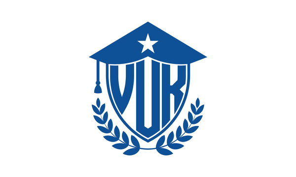 VUK three letter iconic academic logo design vector template. monogram, abstract, school, college, university, graduation cap symbol logo, shield, model, institute, educational, coaching canter, tech