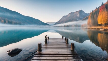 photo of a lake view with a wooden pier in the middle of a beautiful forest in the morning made by...