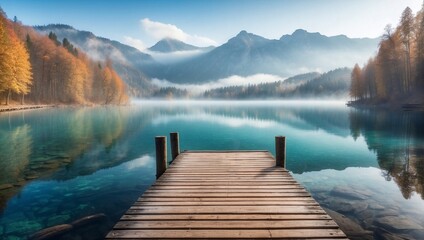 photo of a lake view with a wooden pier in the middle of a beautiful forest in the morning made by AI generative