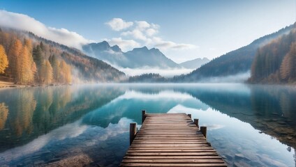 photo of a lake view with a wooden pier in the middle of a beautiful forest in the morning made by AI generative - obrazy, fototapety, plakaty