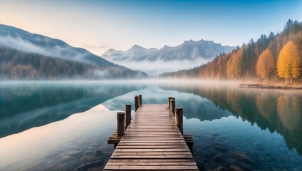 photo of a lake view with a wooden pier in the middle of a beautiful forest in the morning made by...
