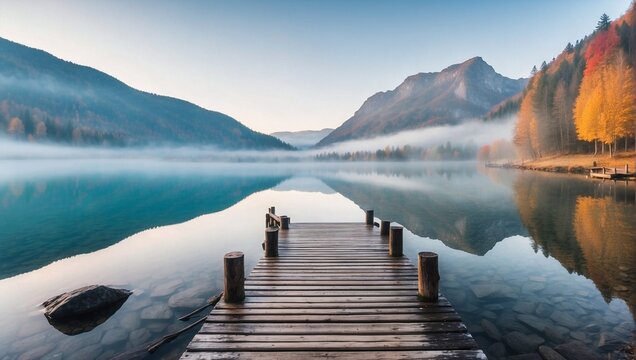 photo of a lake view with a wooden pier in the middle of a beautiful forest in the morning made by AI generative