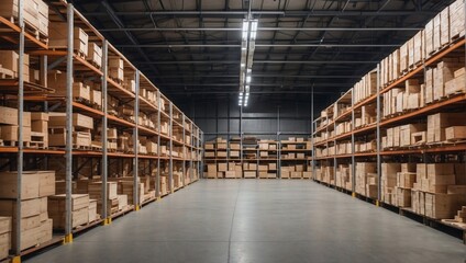 photo of a storage warehouse with lots of shelves and wooden crates made by AI generative