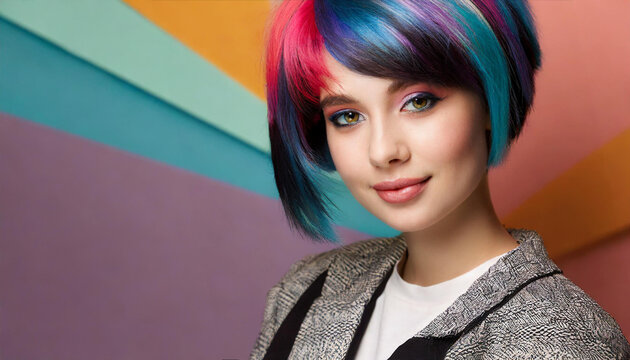 Donna con capelli colorati stravaganti, su sfondo pastello