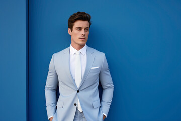 A charismatic male model in tailored business attire, against a serene light blue solid wall background, exudes charm and sophistication with every gesture.