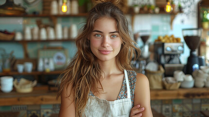 Portrait photo of a girl barista in front of her coffee shop