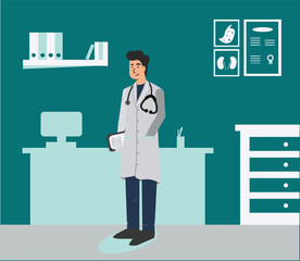 Hospital service concept flat vector illustration. The doctor examines, advises, and dispenses medications to patients in the hospital examination room. Hospital service concept a flat vector