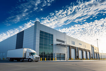 A truck parked in front of an industrial logistics building
