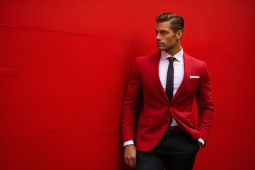A debonair gentleman in business attire, against a vibrant red solid wall, exudes sophistication and allure, capturing attention effortlessly.