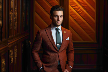 A sophisticated male model dressed in vibrant business clothing, standing tall against a rich, mahogany-paneled wall.
