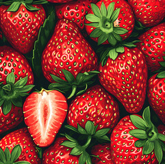 Lots of red strawberries on a black background, illustration