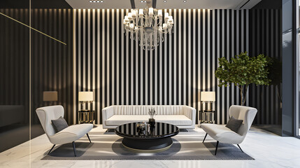 Stylish office waiting area with striped wall chandelier. 3D rendering.
