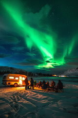 Camping under dancing green Aurora Northern Lights