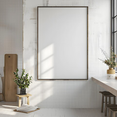 Vertical wood frame mockup on white wall in modern kitchen. Close up empty poster mock up with light reflection. 3D
