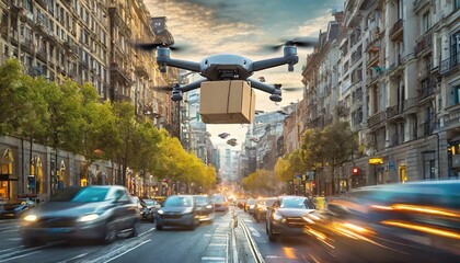 street in the city, Autonomous drone hovers in the sky, delivering a package swiftly above a congested city street filled with cars stuck in a traffic jam, showcasing the efficiency of modern aerial d