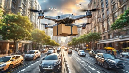 traffic at night wallpaper Autonomous drone hovers in the sky, delivering a package swiftly above a congested city street filled with cars stuck in a traffic jam, showcasing the efficiency of modern a