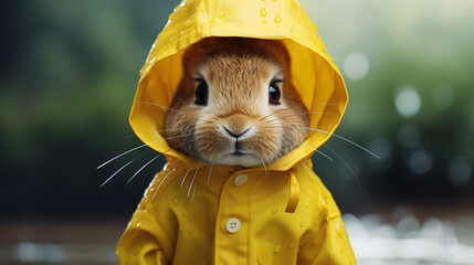 Cute rabbit in a yellow raincoat