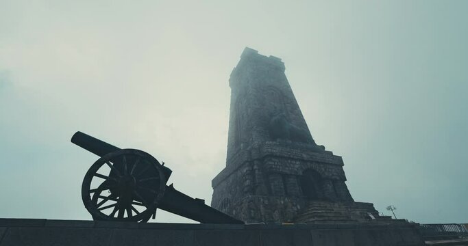 Bulgaria, Shipka National Liberty Monument scenic landscape view of foggy march morning 4K video