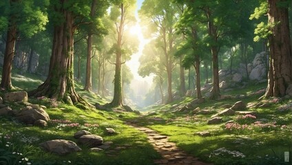 photo of a forest view with strong and cool wood trees in the morning made by AI generative