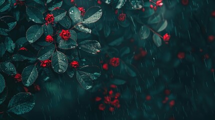 Red rose bush in the rain. The raindrops are falling on the leaves and petals of the roses.