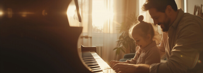 Warm Family Moment as Father Teaches Daughter Piano at Sunset - AI-Generated - Powered by Adobe