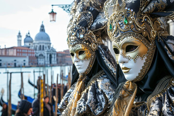 People are dressed up for the Venice Carnival in Italy - obrazy, fototapety, plakaty
