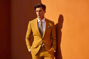 Stylish male model wearing a trendy mustard yellow suit, standing with charm against a pristine terracotta-colored background.
