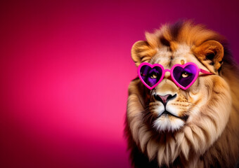 Fototapeta na wymiar Banner. Lion in glasses in the shape of a heart and red suit on a red background Valentines Day.
