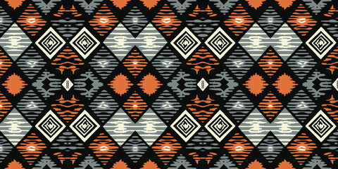Fototapeta premium Ikat floral paisley embroidery on navy blue background.geometric ethnic oriental pattern traditional.Aztec style abstract vector illustration.design for texture,fabric,clothing,wrapping,decoration