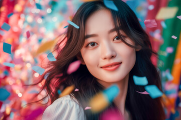 Happy young asian woman smiling among the confetti
