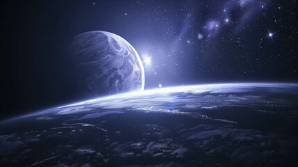 Ethereal cosmic scene with a radiant planet rising over an Earth-like horizon against a starry space backdrop