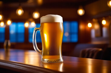 Glass of beer on a bar counter in a pub