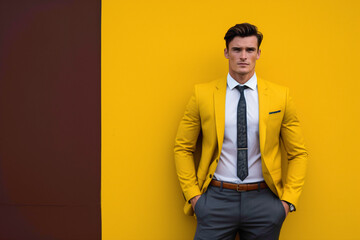 The charming male model exuding confidence in his tailored business attire, adjusting his tie while standing in front of a striking yellow solid wall backdrop.