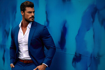 The debonair male model, exuding sophistication, against a backdrop of a vibrant blue solid wall, his attire impeccably complementing his aura.