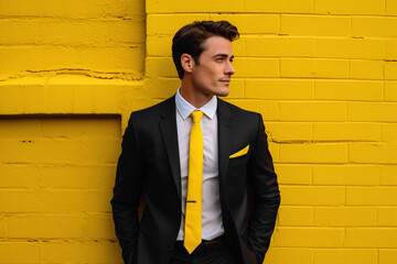 The charming male model exuding confidence in his tailored business attire, adjusting his tie while standing in front of a striking yellow solid wall backdrop.