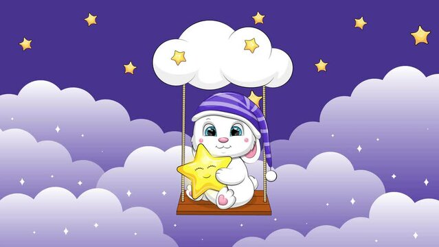 Animal swing in the sky with clouds and stars. Night looped animation. Cute cartoon white rabbit in a nightcap holds a star. 