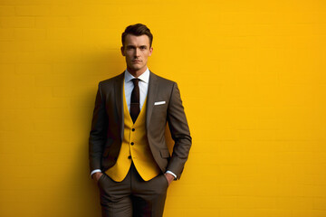 The embodiment of charm, a suave gentleman in tailored business attire poses against a striking yellow solid wall, exuding elegance and allure.