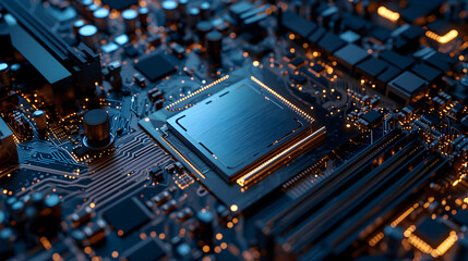  motherboard with CPU Socket. Computer hardware chipset components close-up in orange light. Tech industry electronics background