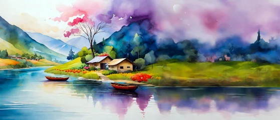 Gordijnen watercolor painting landscape generative ai © Mahesh Shrigani
