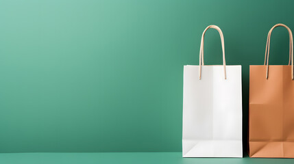 paper shopping bag white and brown on green background with copy space