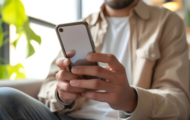 Young man uses smart phone social distancing closeup.