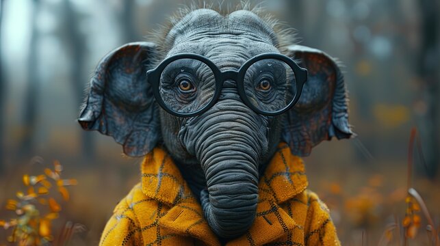 A lovable elephant wearing oversized glasses, its trunk playfully curled as it peers through the f