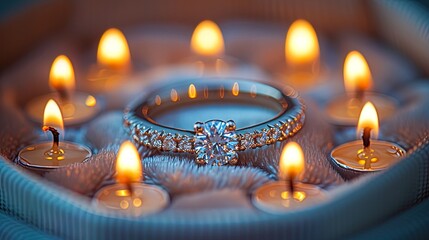 A creative overhead shot of an engagement ring nestled in a box surrounded by candles, creating a - obrazy, fototapety, plakaty
