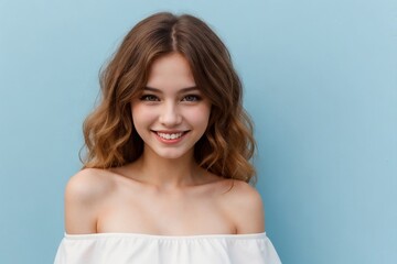 Fototapeta premium Beautiful ginger woman wearing a white off-shoulder smiling against a blue background with copy space.