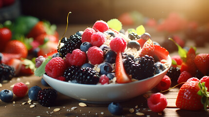 Fresh berries in a bowl on a dark background. Selective focus,A blue bowl filled with raspberries...