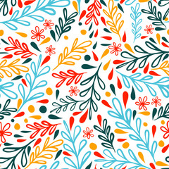 Fototapeta na wymiar Seamless background of colorful twigs and flowers. hand drawing. Not AI, Vector illustration