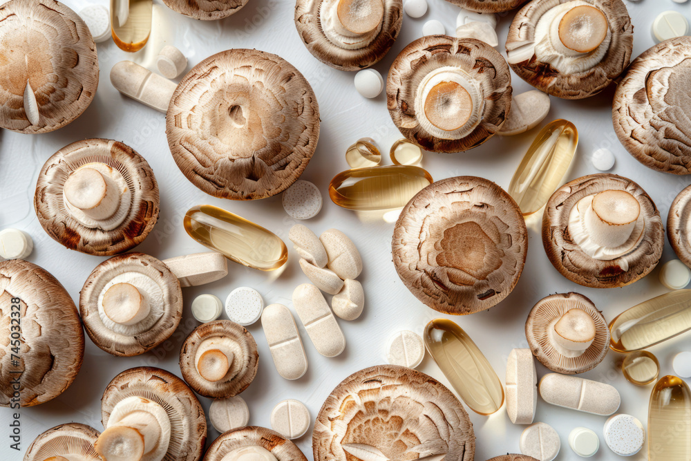 Wall mural mushroom supplement tablets. overhead view of mushrooms with herbal medicine pills - Wall murals