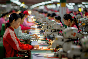 A row of Asian women in an Asian clothing factory sewing garments. 