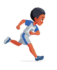 Cute African American kid running track and field. Isolated vector illustration.