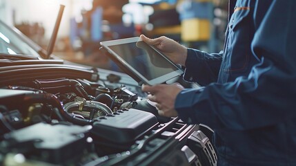 mechanic uses tablet computer to inspect car engine - obrazy, fototapety, plakaty